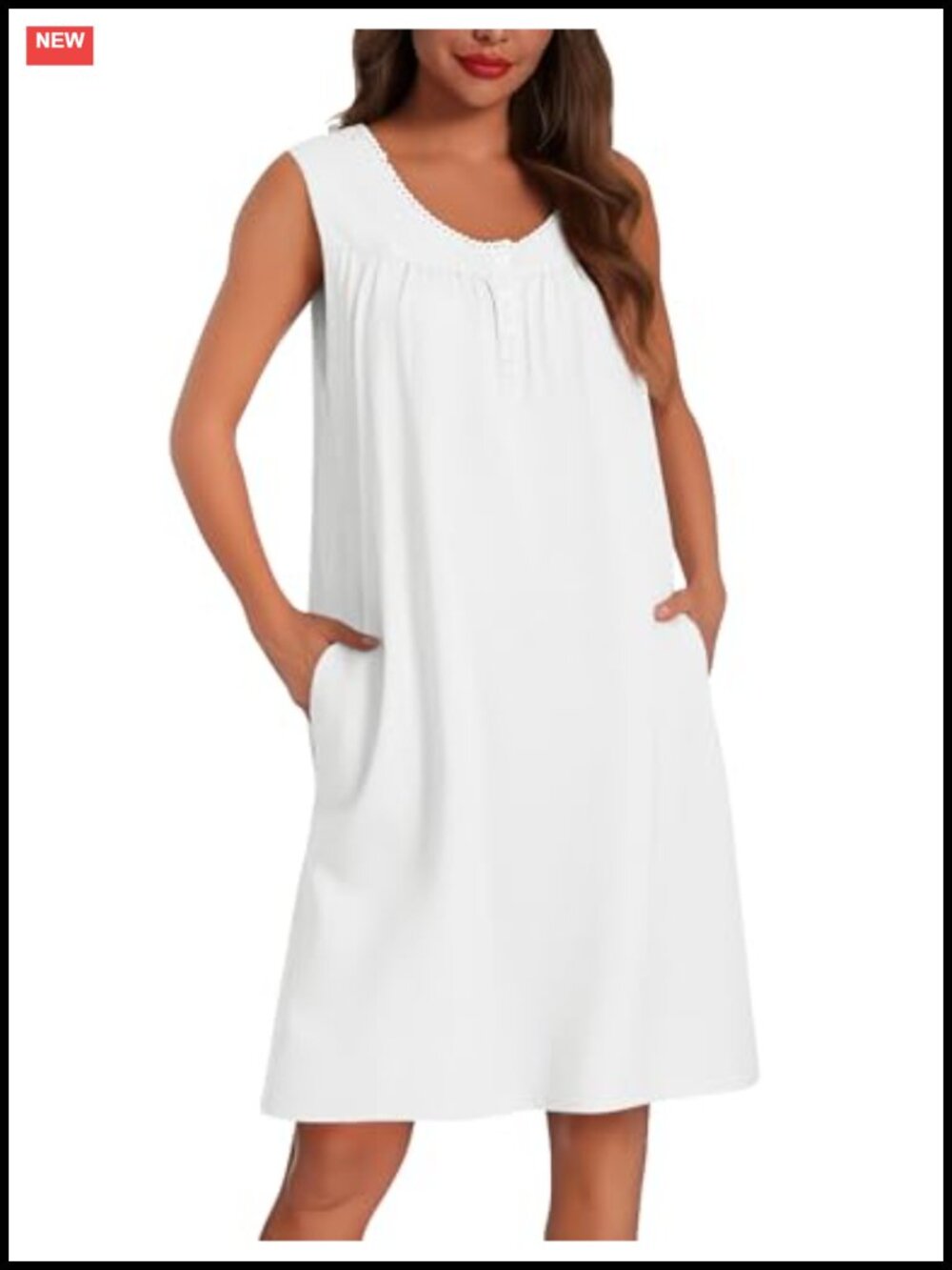 Women's Cotton Sleeveless Nightgown with Pockets Soft Breathable Sleep Dress